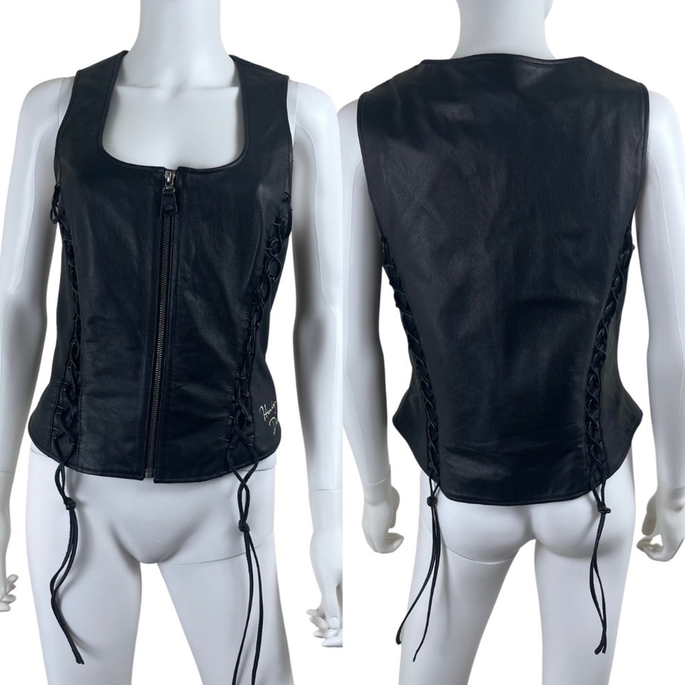 Harley Davidson Women Size M Black Leather Corset Lace Up Moto Vest Vintage Goth